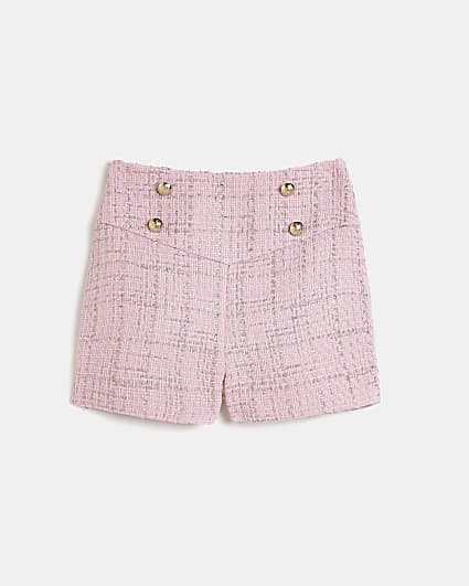 Girls pink check boucle button detail shorts