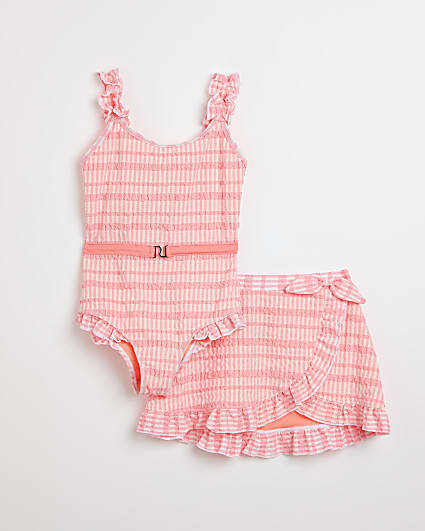 Girls pink check print swimsuit and skirt set
