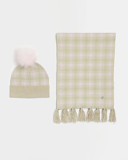 Girls pink check scarf and beanie hat set