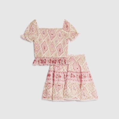 Girls Pink Cherry Chiffon Top & Skirt Set