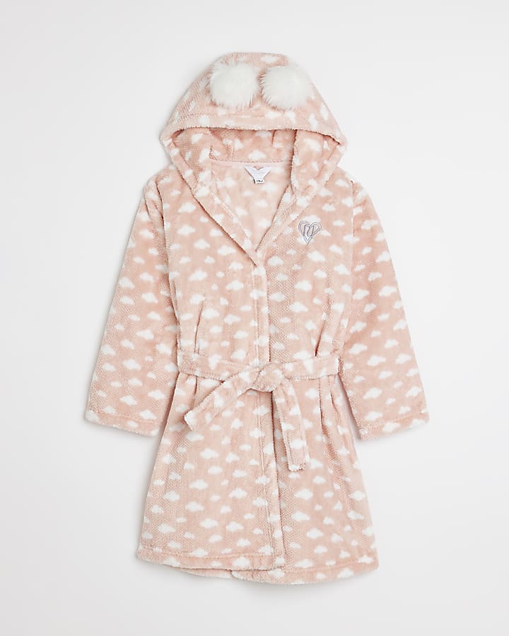 Girls pink cloud print cosy dressing gown