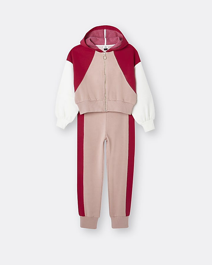 Girls pink colour block hoodie and jogger set