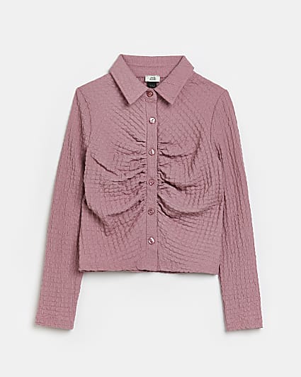 Girls pink crinkle ruched long sleeve shirt