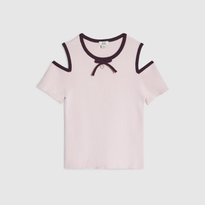 Girls Pink Cut Out Shoulder Bow Top