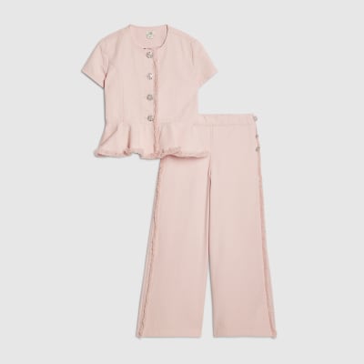 Girls Pink Denim Peplum Top Set