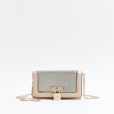 Girls pink diamante cross body chain purse