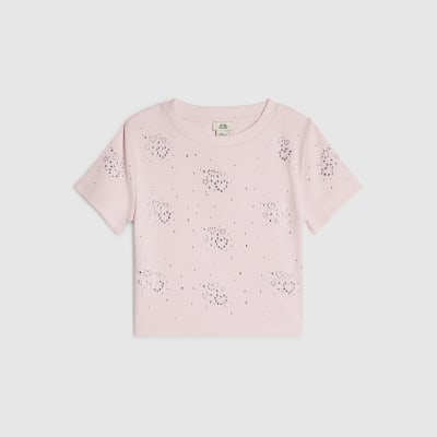 Girls Pink Diamante Heart T-Shirt