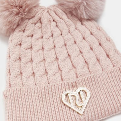 Girls Pink Double Pom Pom Beanie hat