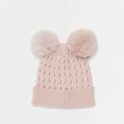 Girls Pink Double Pom Pom Beanie hat