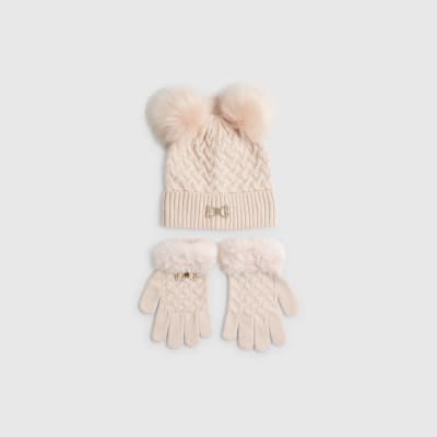 Girls Pink Double Pom Pom Beanie Set