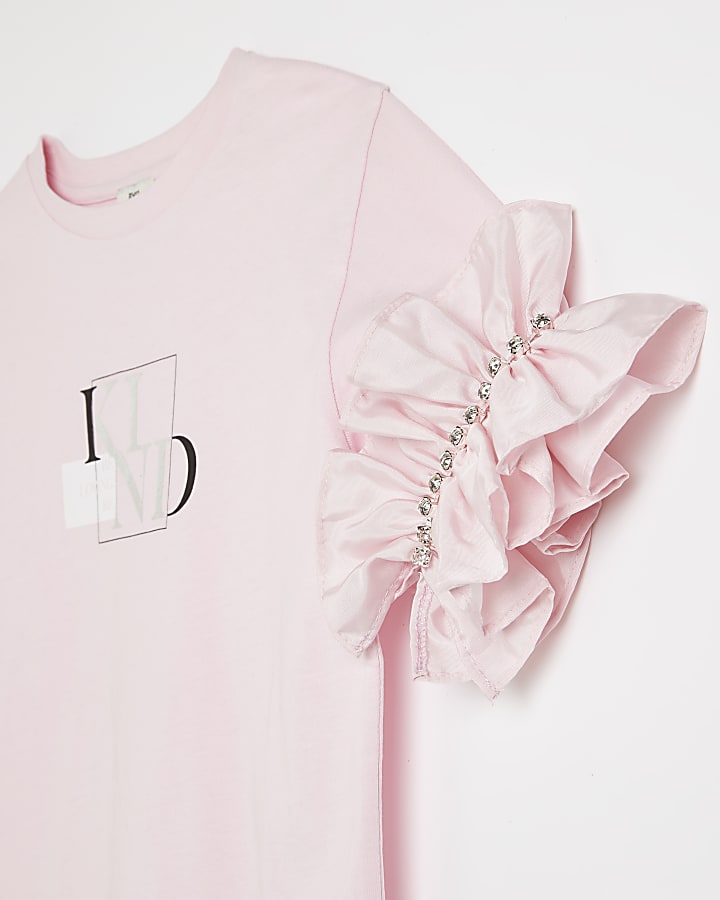 Girls pink embellished frill sleeve t-shirt