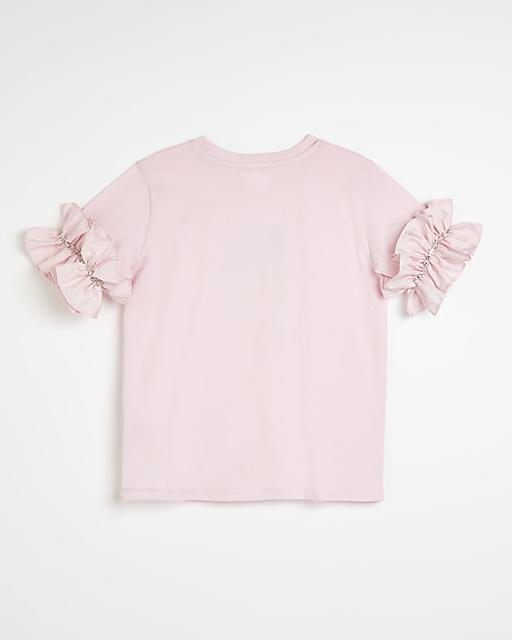 Girls pink embellished frill sleeve t-shirt