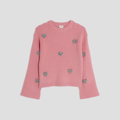 Girls Pink Embellished Heart Jumper