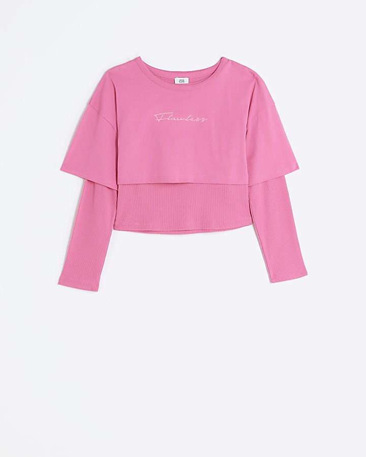 Girls pink embroidered 2 in 1 top