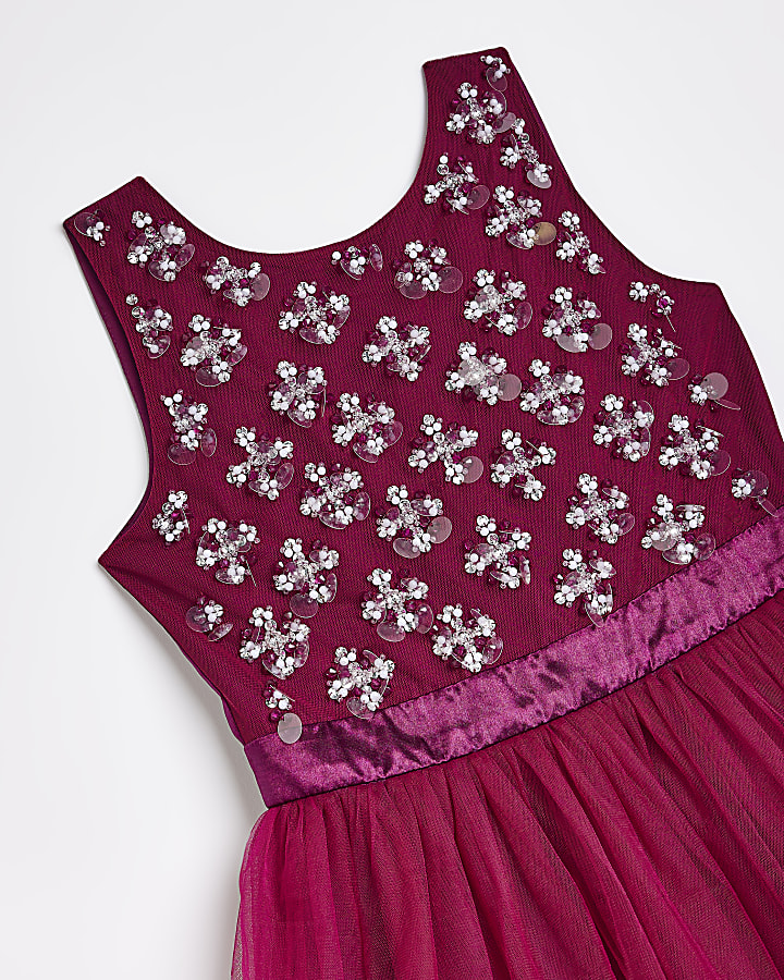 Girls Pink Embroidered Rosette Hem Dress