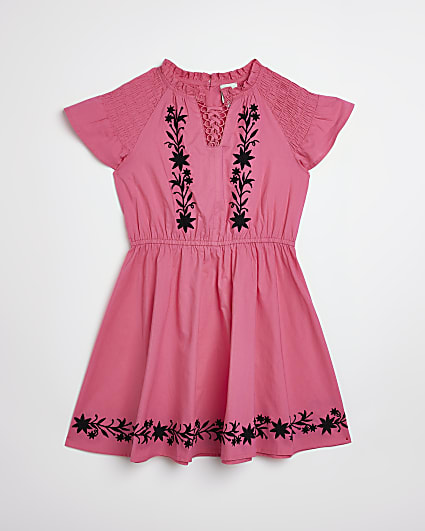 Girls pink embroidered shirred dress