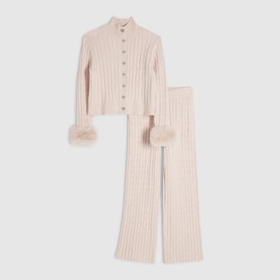 Girls Pink Faux Fur Cable Knit Cardigan Set