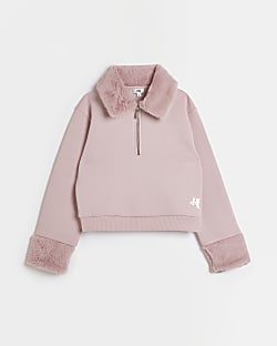 Girls Pink Faux Fur Collar Zip Sweatshirt