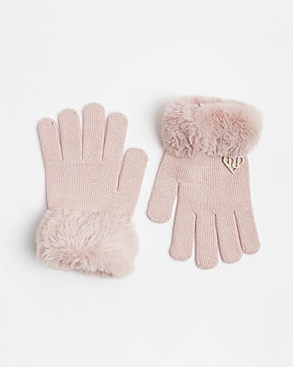 girls Pink faux fur Heart Gloves
