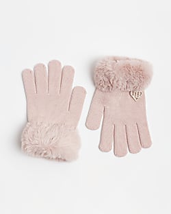 girls Pink faux fur Heart Gloves