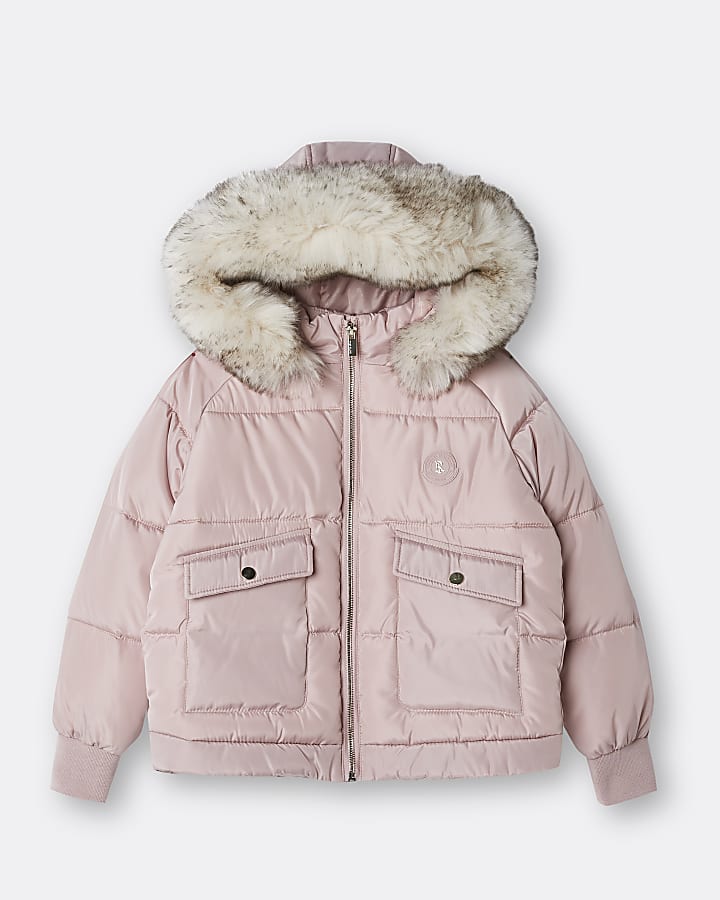 Girls Pink Faux Fur Hood Puffer Coat, Hot Pink Faux Fur Coat Uk