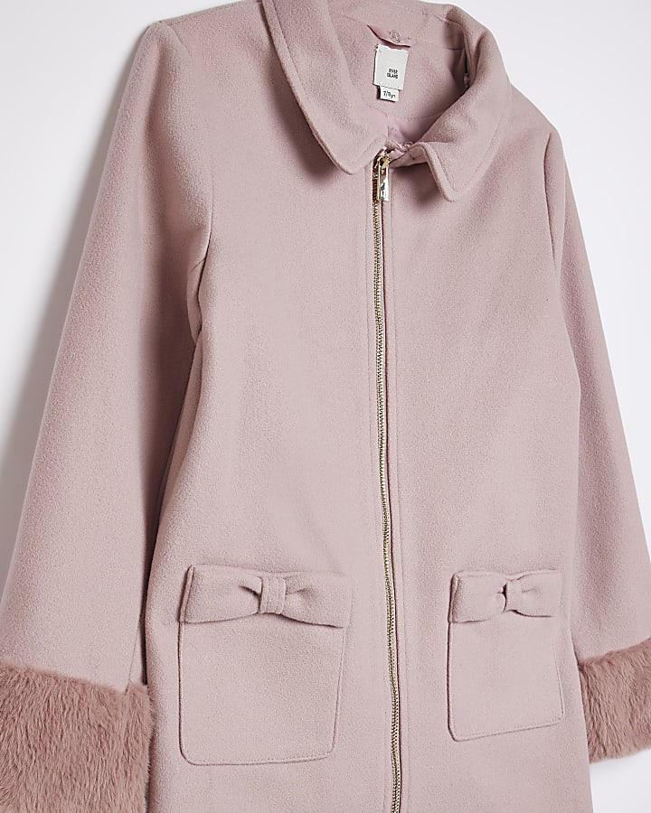 Girls Pink Faux Fur Lined Woolen Coat