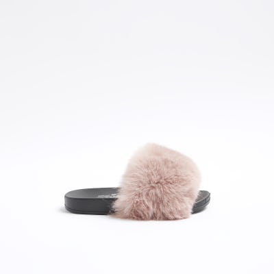 Girls pink faux fur sliders River Island