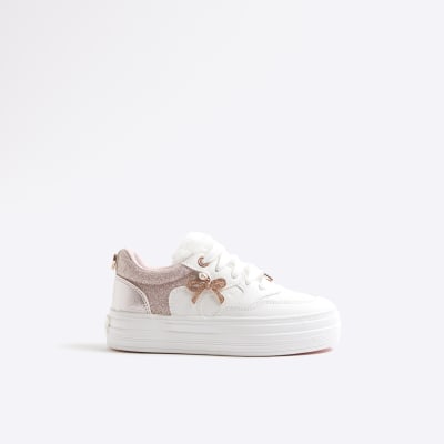 Girls Pink Faux Fur Tongue Bow Trainers