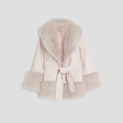 Girls Pink Faux Fur Wrap Coat