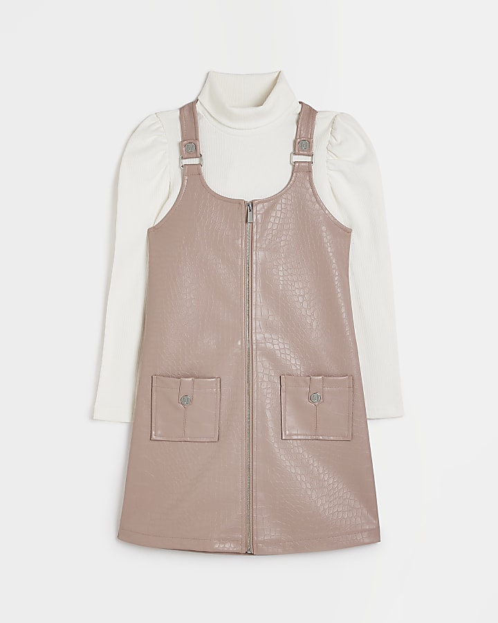 Girls Pink Faux Leather Pinafore Outfit