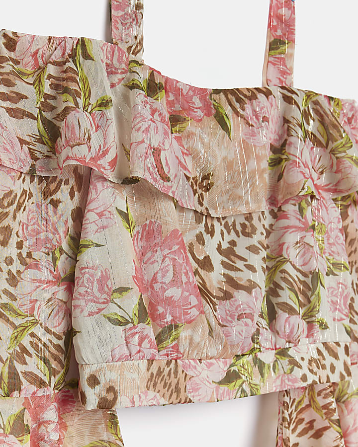 Girls pink floral fluted sleeve bardot top