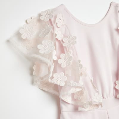 Girls pink floral lace sleeve playsuit