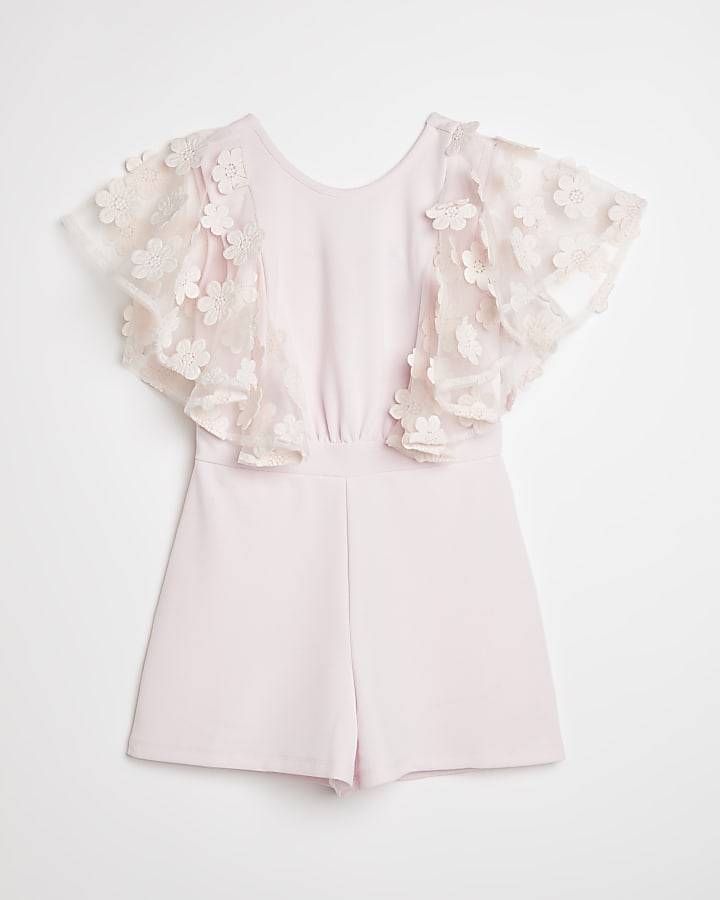 Girls pink floral lace sleeve playsuit