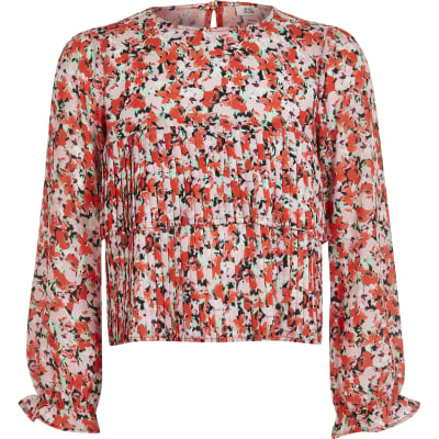 Girls pink floral pleated frill blouse | River Island