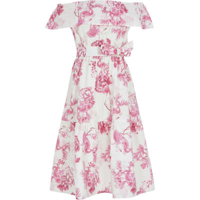 Girls pink floral print bardot midi dress | River Island