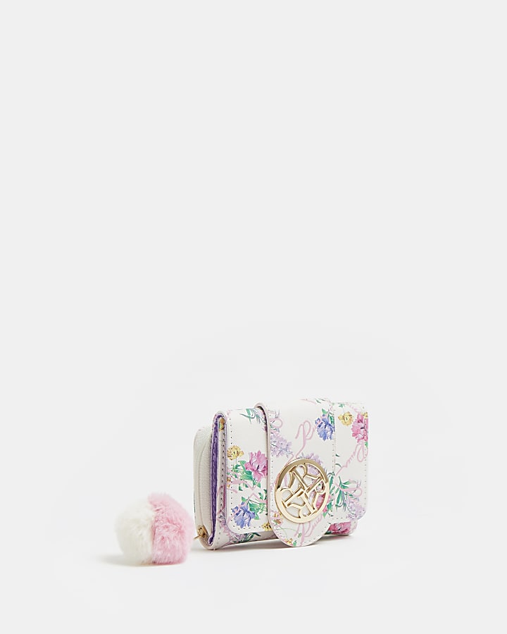 Girls pink floral print pom pom charm purse