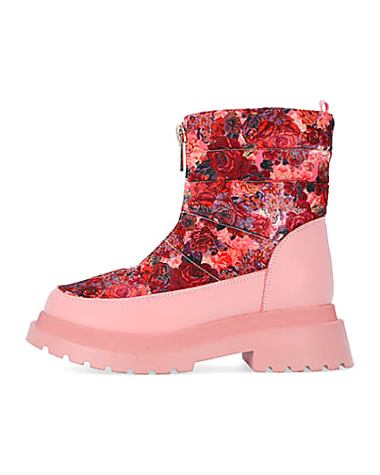 360 degree animation of product Girls Pink Floral Puffer Zip Front Snow Boots frame-3