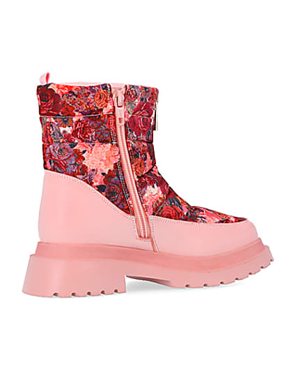 360 degree animation of product Girls Pink Floral Puffer Zip Front Snow Boots frame-13