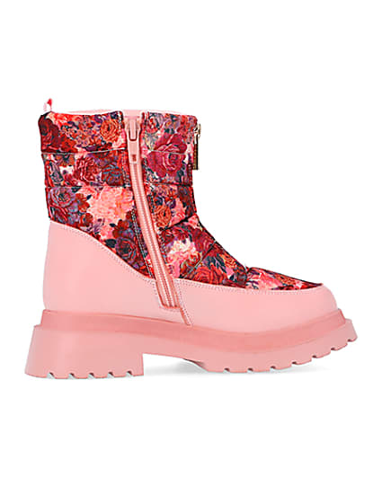 360 degree animation of product Girls Pink Floral Puffer Zip Front Snow Boots frame-14