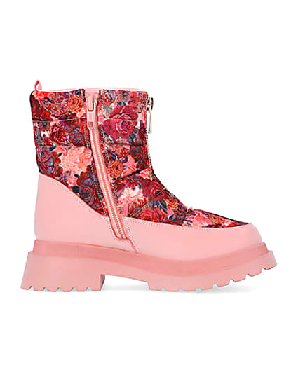 360 degree animation of product Girls Pink Floral Puffer Zip Front Snow Boots frame-15