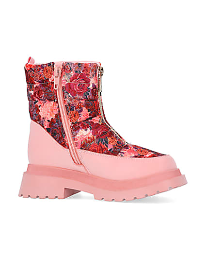 360 degree animation of product Girls Pink Floral Puffer Zip Front Snow Boots frame-16