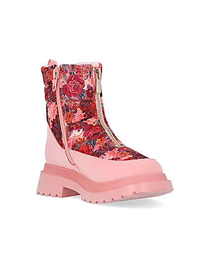 360 degree animation of product Girls Pink Floral Puffer Zip Front Snow Boots frame-18