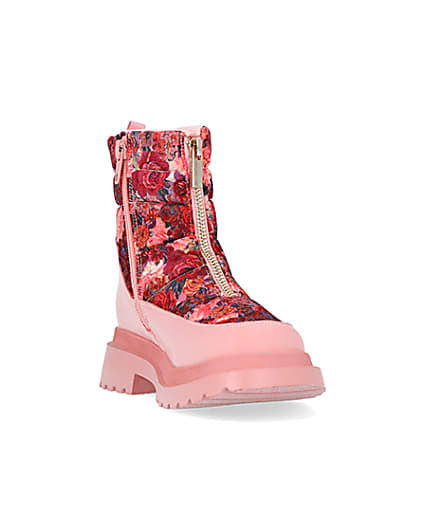 360 degree animation of product Girls Pink Floral Puffer Zip Front Snow Boots frame-19