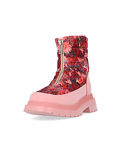 360 degree animation of product Girls Pink Floral Puffer Zip Front Snow Boots frame-23