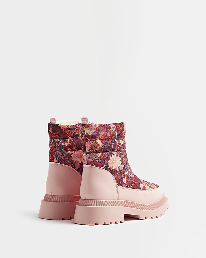 Girls Pink Floral Puffer Zip Front Snow Boots