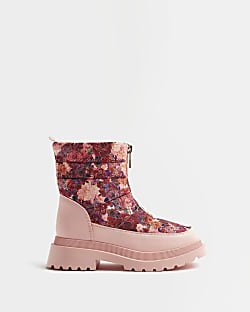 Girls Pink Floral Puffer Zip Front Snow Boots