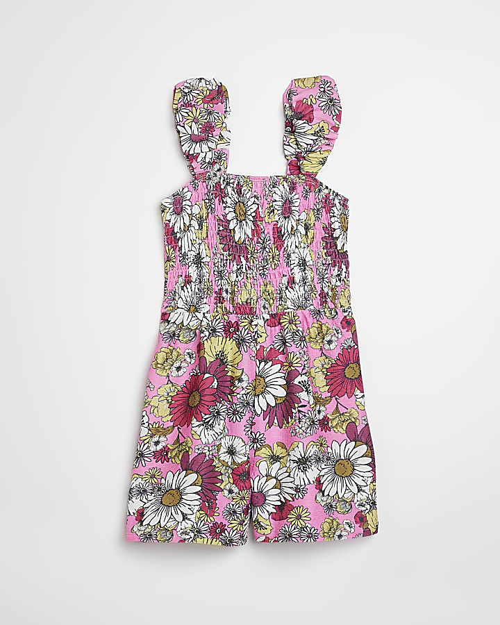 Girls pink floral ruched playsuit