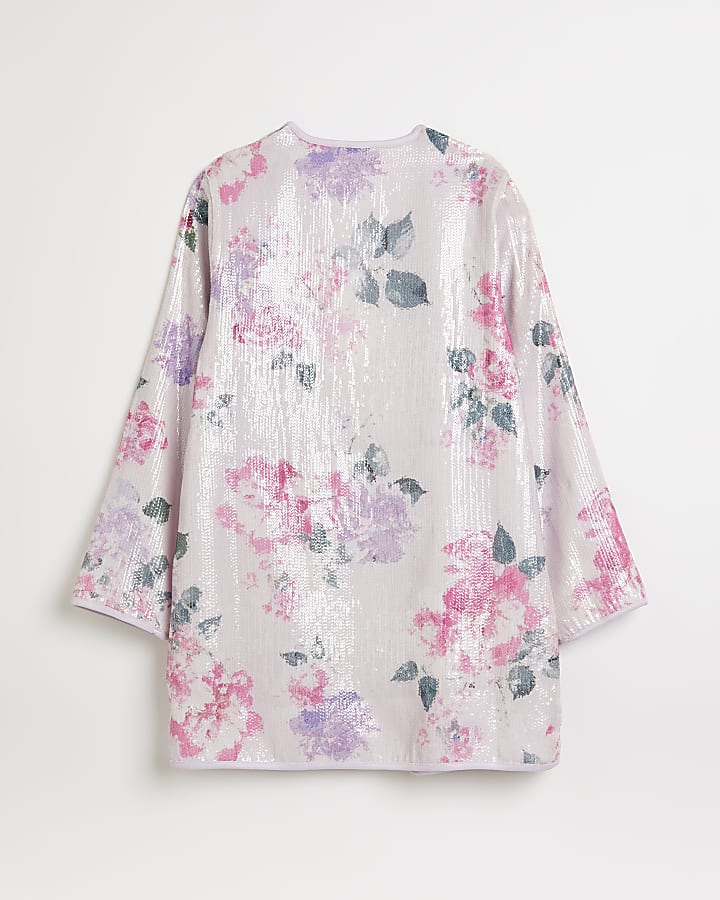 Girls pink floral sequin kimono jacket