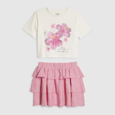 Girls Pink Floral Sequin T-Shirt & Skirt Set