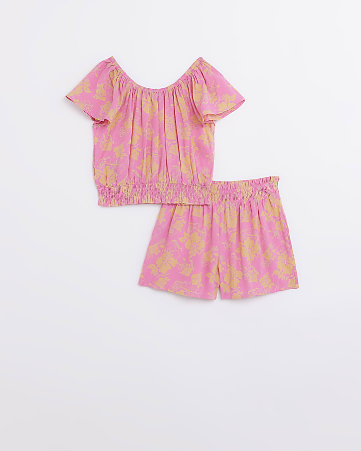 Girls pink Floral shirred Shorts and top Set